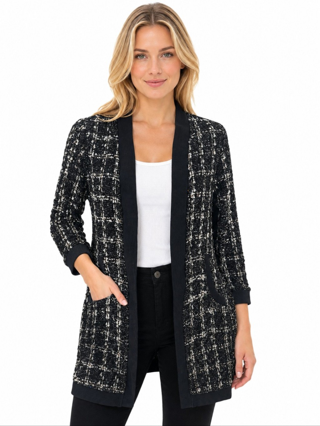 Lena Tweed Oversized Cardigan Small Nwt Black Ivory Boucle Sequin Jacket